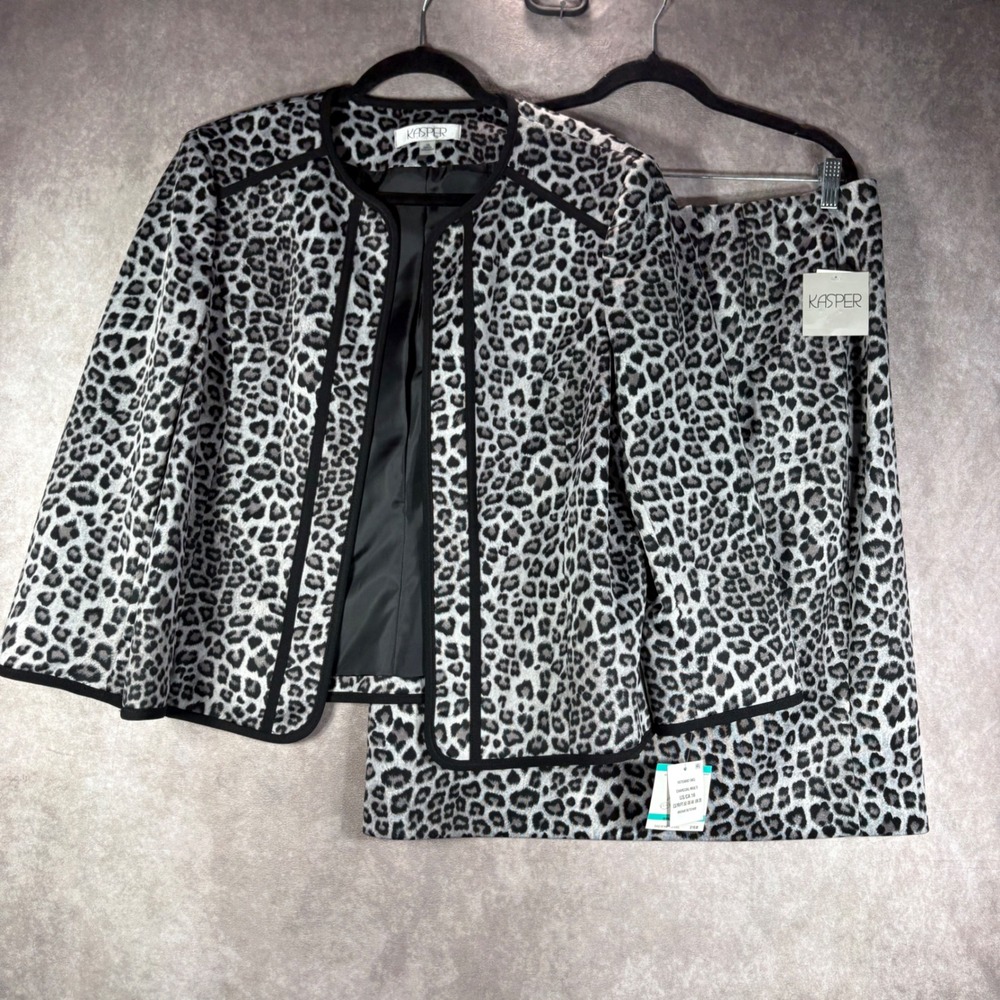 Kasper Skirt Suit Women 16 Gray Leopard Print Open Front Blazer Pencil Skirt NEW